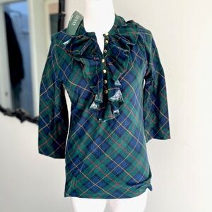 Ralph Lauren Green Tartan Ruffle Shirt Size Large NWT